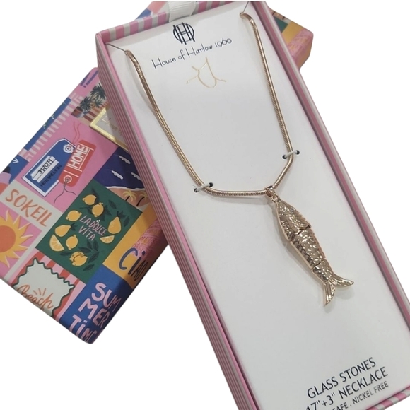 House of Harlow 1960 Jewelry - 🔹️House of Harlow🔹️ Gold Fish Sardine Pendant 17" Glass Stones  Necklace